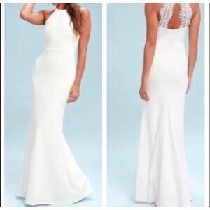 NWT Lulus Joella White Lace Halter Maxi Wedding Formal Bridal Dress Size Medium
